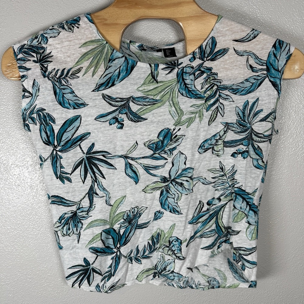 Tahari 100% Linen Top Boxy Fit Blue Green Tropical Floral Blouse Tee Cap Sleeve